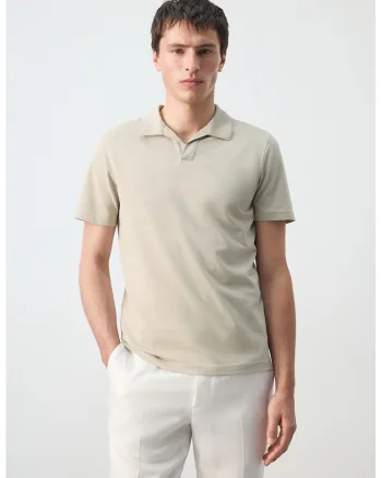 Tricou pique polo cu croiala slim-fit, Bej deschis