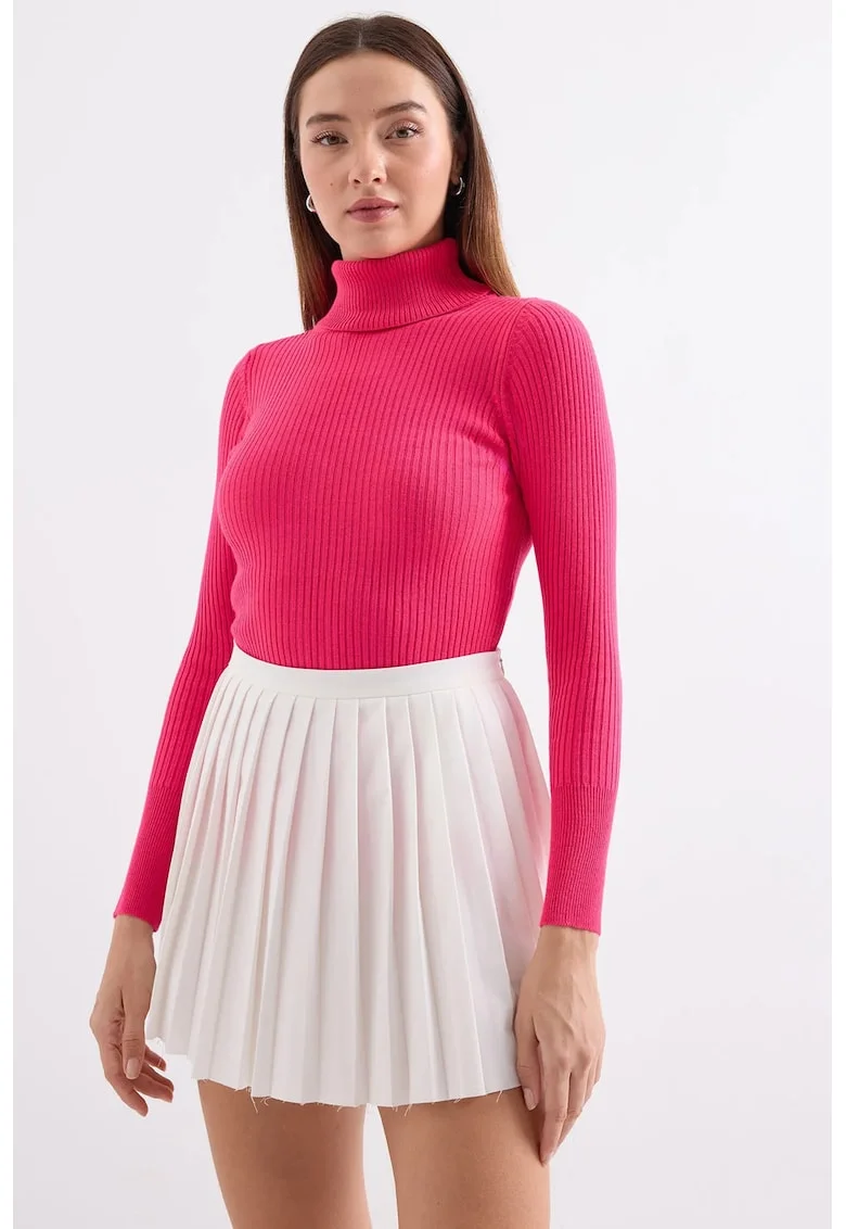 Pulover dama  texturat, guler inalt, tricot, Roz, Roz