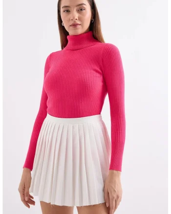 Pulover dama  texturat, guler inalt, tricot, Roz, Roz