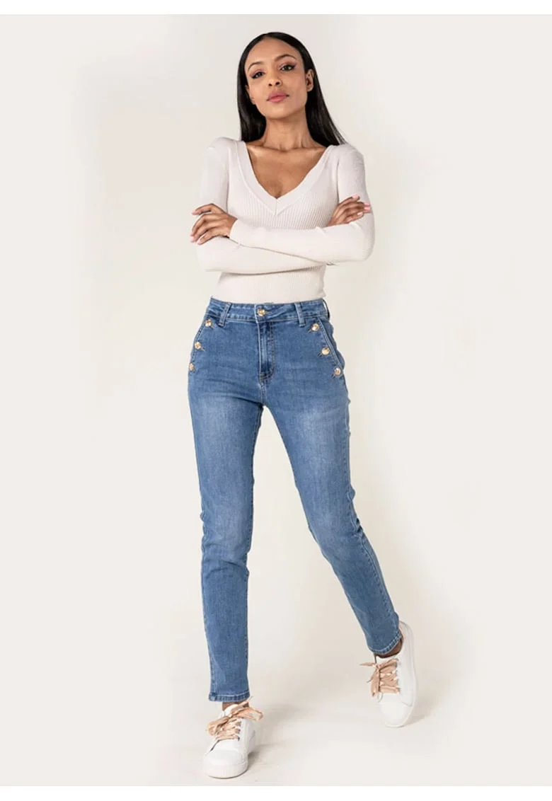 Blugi dama mom fit  albastru P216 M10 19613, Albastru