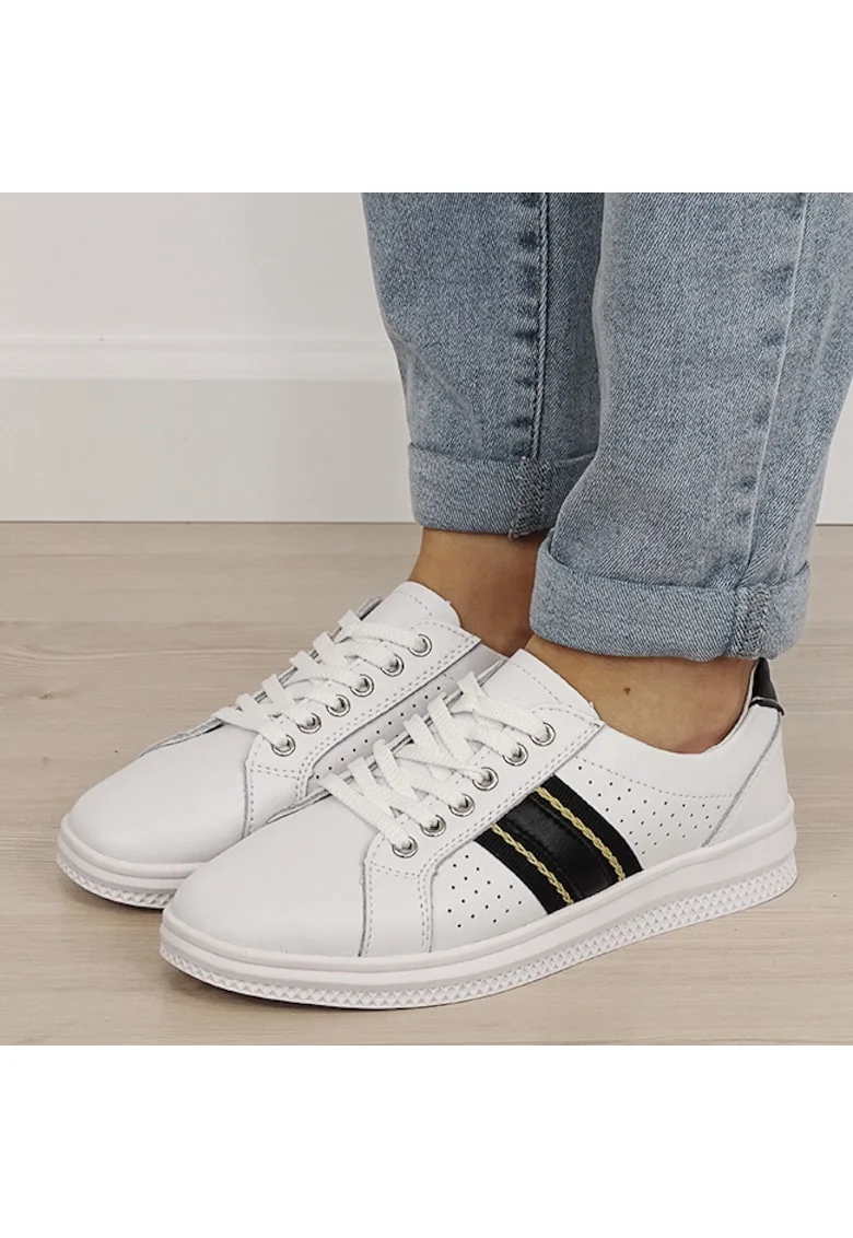 Sneakersi albi cu detalii negre din piele naturala 5088 M7 19364, Alb