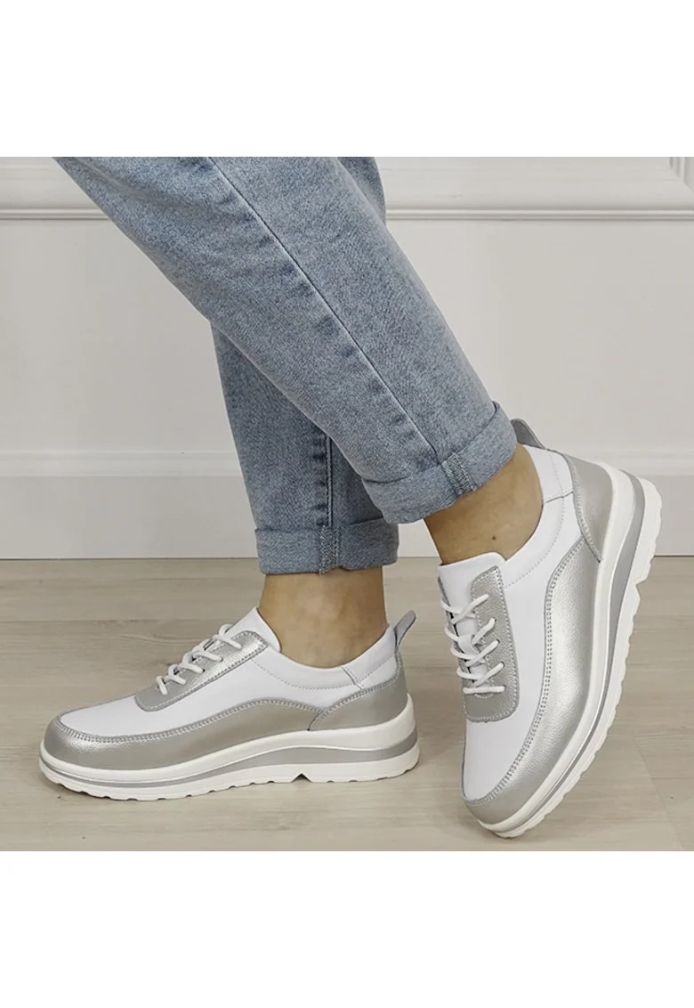 Sneakers albi/argintii din piele naturala 5090 M6 19279, Argintiu