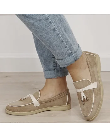 Mocasini femei  1502, velur ecologic, bej,