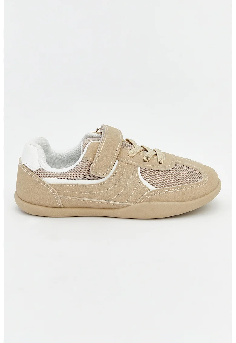 Pantofi sport de piele ecologica cu velcro, Alb/Bej inchis
