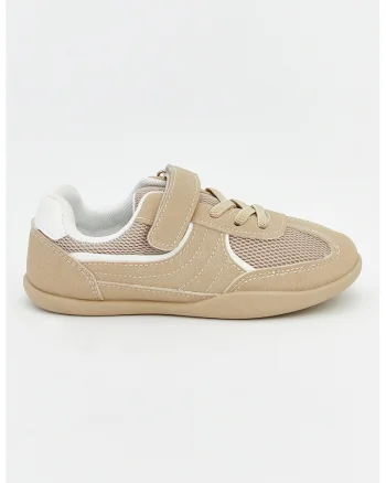 Pantofi sport de piele ecologica cu velcro, Alb/Bej inchis