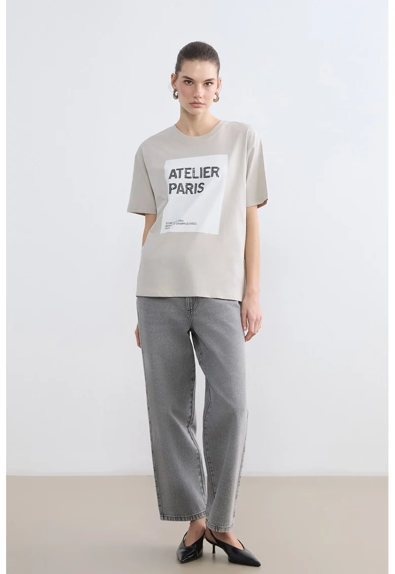 Tricou de bumbac cu imprimeu, Alb/Negru/Gri deschis