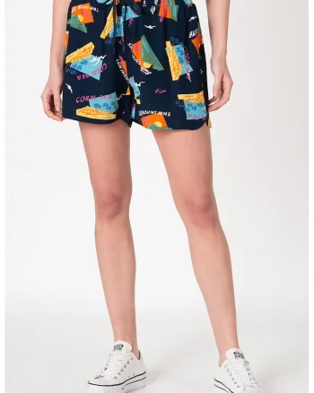 Pantaloni scurti cu imprimeu grafic si talie cu snur de ajustare, Verde/Galben/Bleumarin