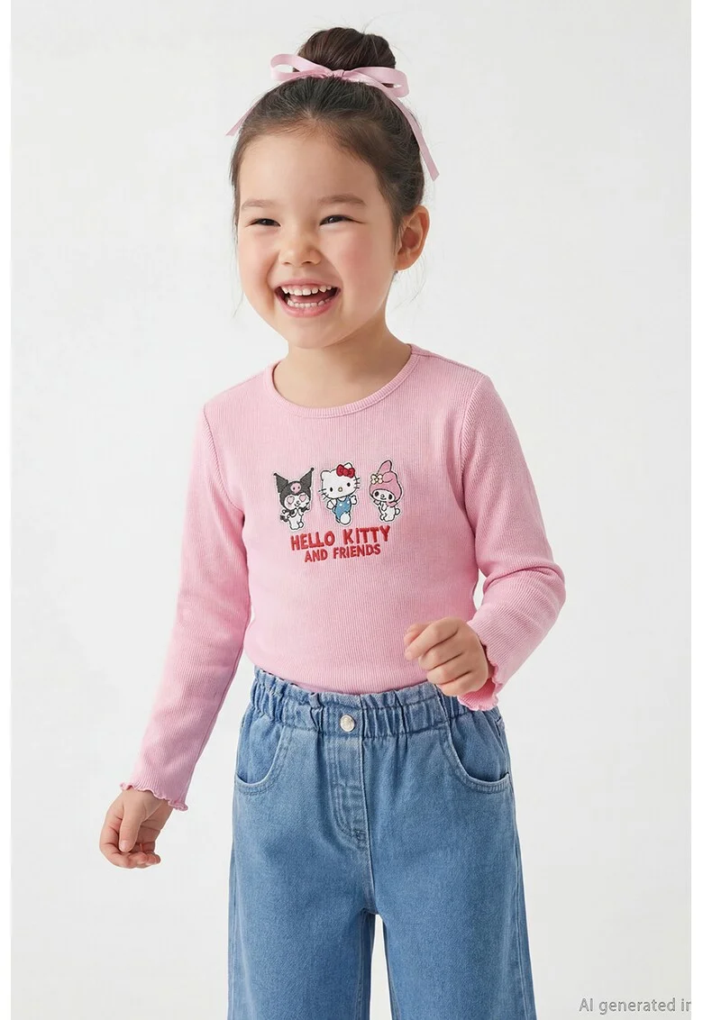 Bluza cu broderie cu Hello Kitty, Rosu/Negru/Roz deschis
