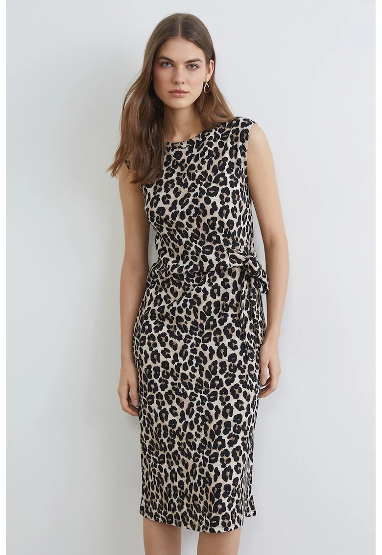 Rochie midi cu model animal print si detaliu cu nod, Negru/Maro deschis/Maro nisip