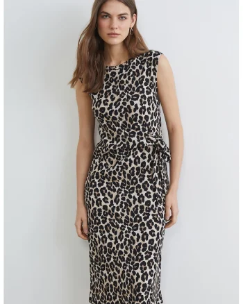 Rochie midi cu model animal print si detaliu cu nod, Negru/Maro deschis/Maro nisip