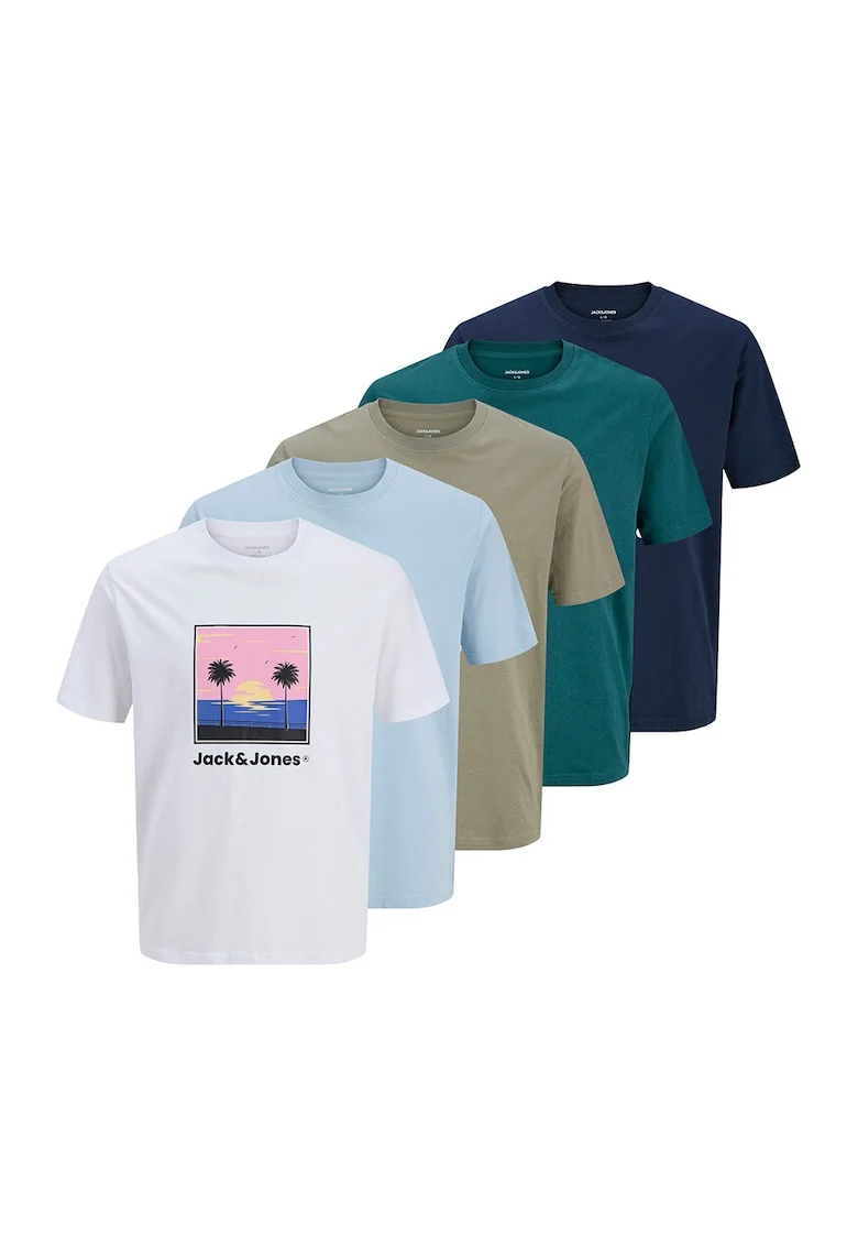 Set de tricouri din bumbac cu imprimeu - 5 piese, Alb/Roz pastel/Albastru azur/Bleumarin