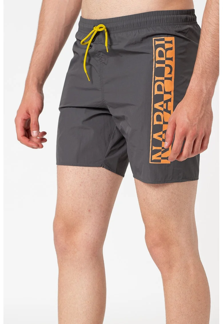 Pantaloni scurti de baie cu imprimeu logo Victor, Portocaliu/Gri inchis