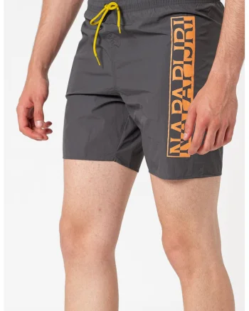 Pantaloni scurti de baie cu imprimeu logo Victor, Portocaliu/Gri inchis