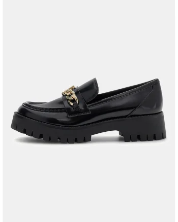 Pantofi loafer cu talpa demi-wedge si detaliu cu lant, Negru