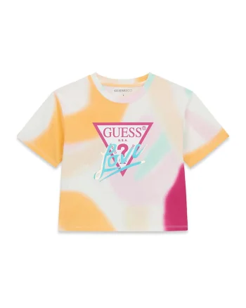 Tricou cu model floral si imprimeu logo, Portocaliu/Roz/Albastru