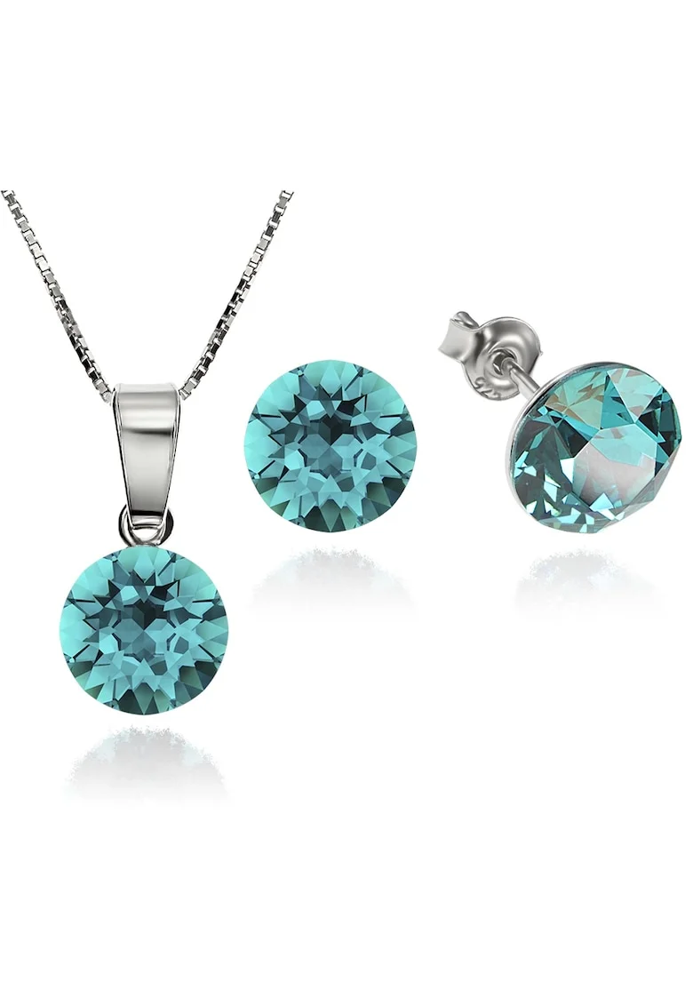 Set Argint 925 placat cu rodiu cu cristale Swarovski® Xirius Blue Zircon 8mm Surub + Lant