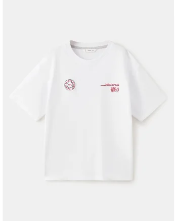 Tricou de bumbac cu imprimeu text, Rosu/Alb murdar