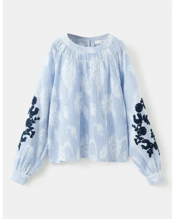 Bluza vaporoasa cu broderie, Albastru pastel/Negru stins/Alb murdar