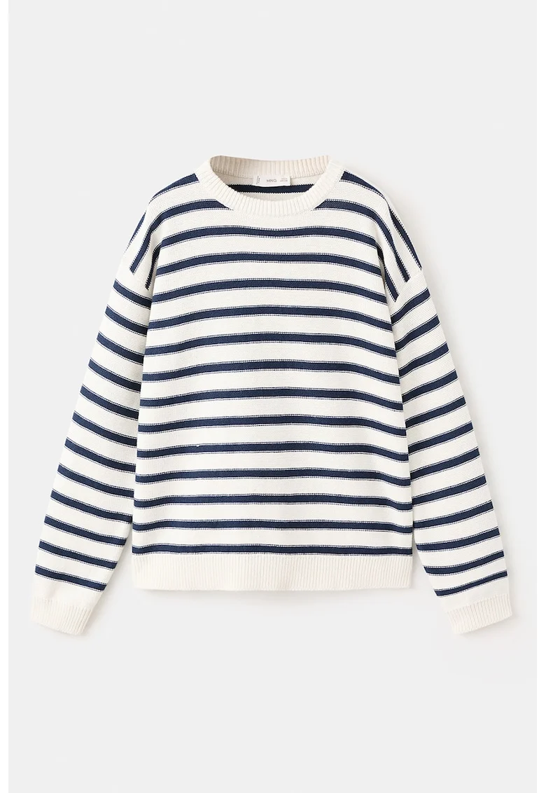 Pulover tricotat cu dungi si decolteu rotund, Crem/Bleumarin