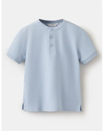 Tricou din material pique cu fenta scurta cu nasturi, Albastru prafuit