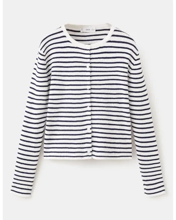 Cardigan cu nasturi si dungi, Alb murdar/Bleumarin