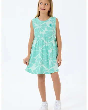 Rochie evazata fara maneci cu model floral, Turcoaz/Alb murdar