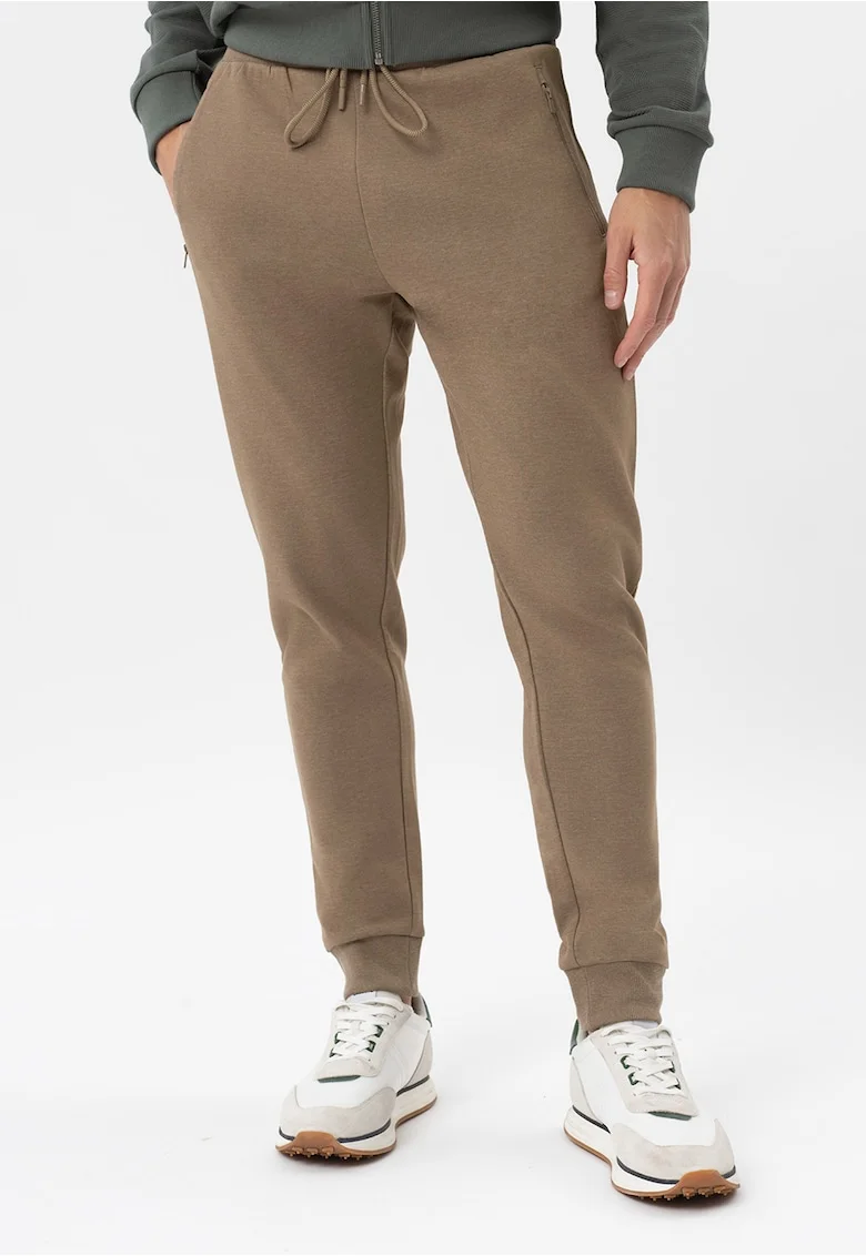 Pantaloni de trening conici din bumbac, jogger, cu buzunare, talie elastica cu snur,  N-Ben, bej, Bej