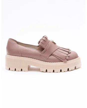 Pantofi loafer din piele cu toc si franjuri, Roz prafuit