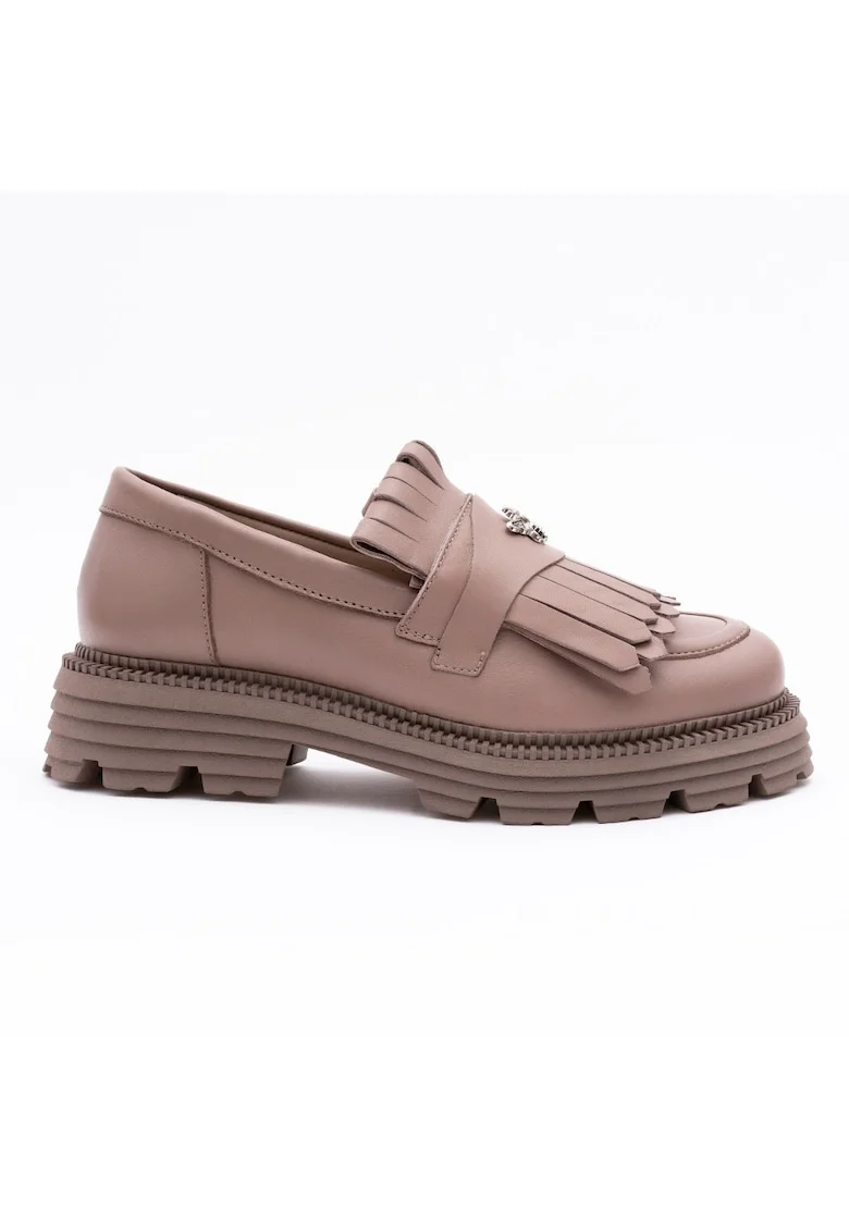 Pantofi loafer din piele cu detalii cu franjuri, Roz prafuit