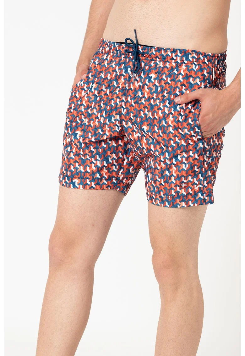 Pantaloni scurti de baie cu model geometric Vali, Portocaliu mandarina/Albastru petrol