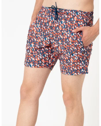 Pantaloni scurti de baie cu model geometric Vali, Portocaliu mandarina/Albastru petrol