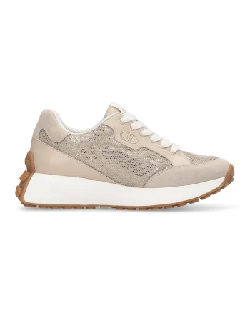 Pantofi sport de piele cu model cu perforatii, Bej inchis/Alb murdar
