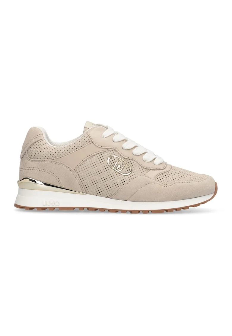 Pantofi sport cu aspect cu perforatii si garnituri din piele intoarsa, Maro nisip