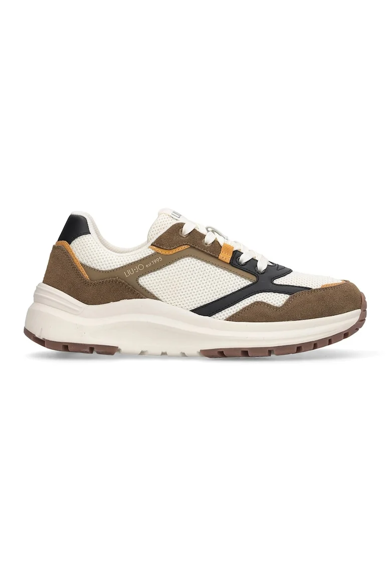 Pantofi sport din piele intoarsa cu garnituri din material textil, Alb fildes/Maro pamantiu