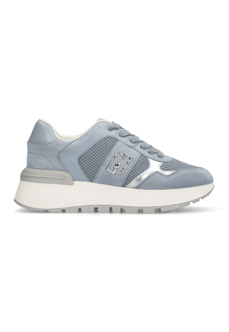 Pantofi sport cu talpa wedge si aplicatie logo, Albastru prafuit/Argintiu