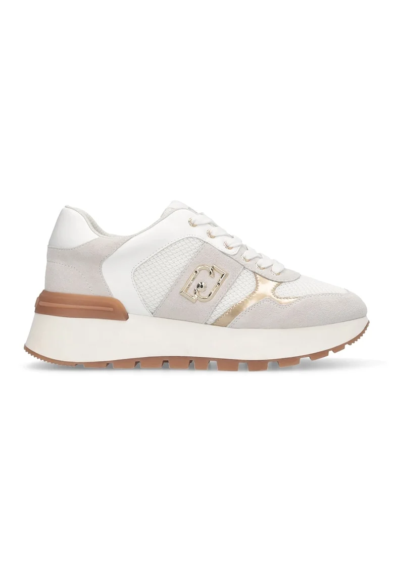 Pantofi sport cu talpa wedge si aplicatie logo, Alb/Auriu