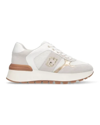 Pantofi sport cu talpa wedge si aplicatie logo, Alb/Auriu