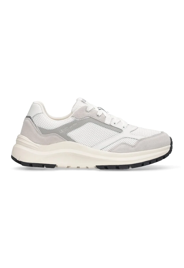 Pantofi sport din piele intoarsa cu garnituri din material textil, Alb/Gri deschis