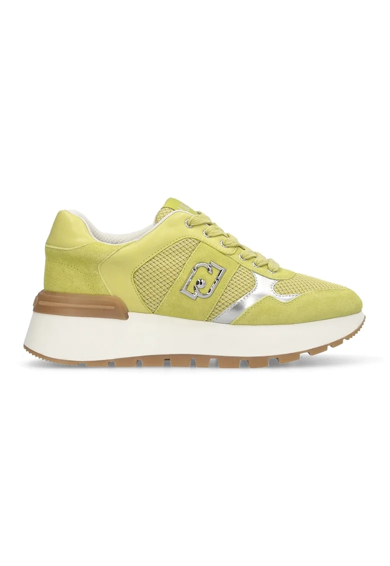 Pantofi sport cu talpa wedge si aplicatie logo, Galben sofran/Argintiu