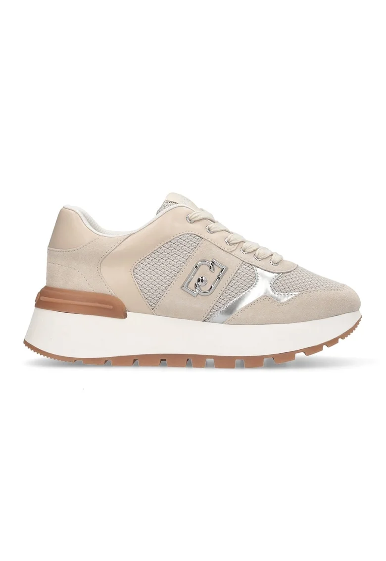 Pantofi sport cu talpa wedge si aplicatie logo, Argintiu/Bej deschis