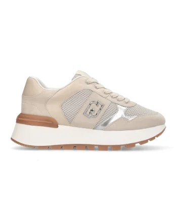 Pantofi sport cu talpa wedge si aplicatie logo, Argintiu/Bej deschis