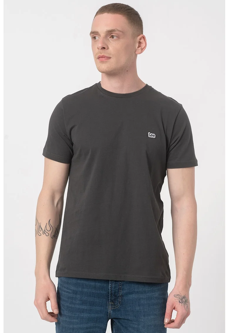 Tricou cu decolteu la baza gatului si detaliu logo brodat, Gri antracit