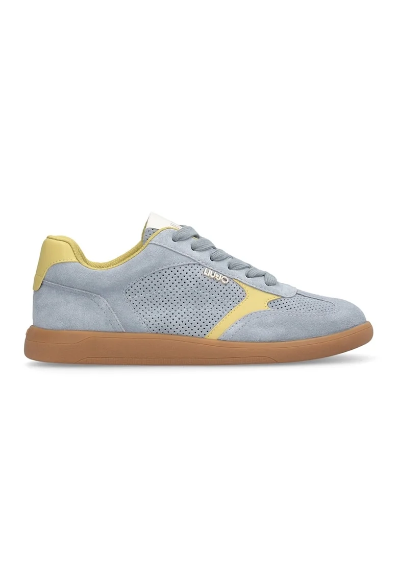 Pantofi sport de piele intoarsa si model perforat, Galben/Albastru prafuit/Caramel