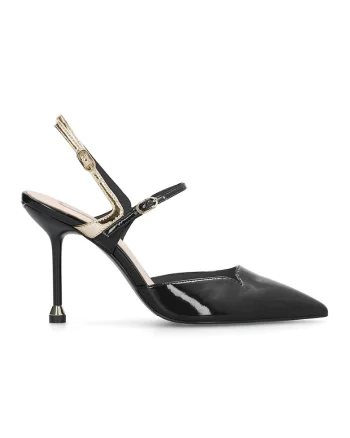 Pantofi slingback din piele ecologica lacuita cu toc stiletto, Negru