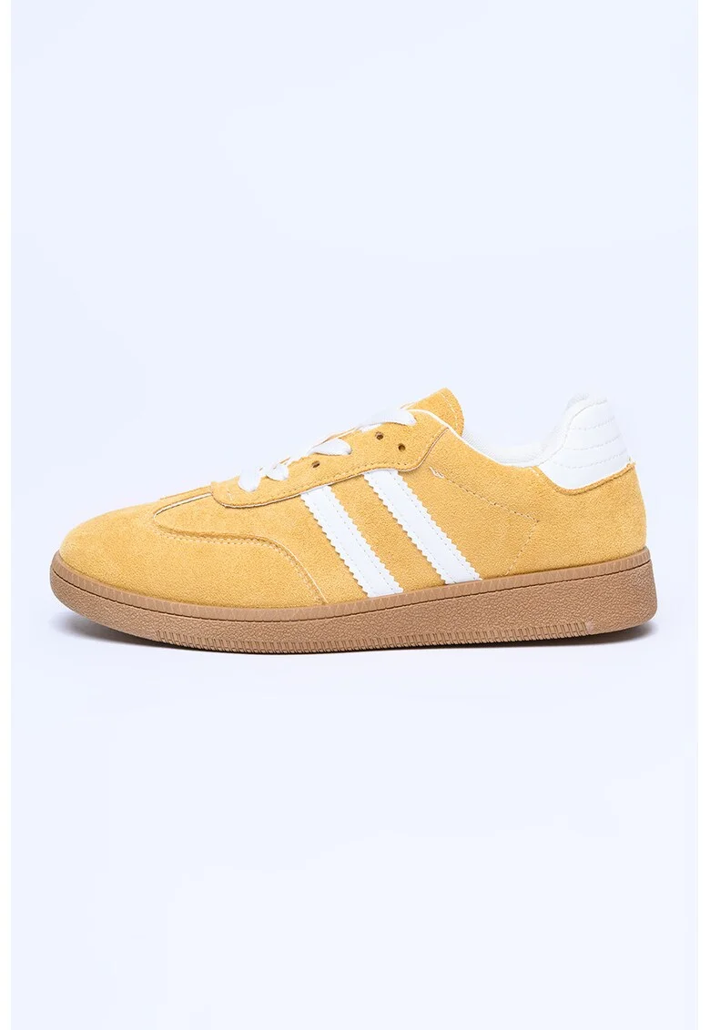 Pantofi sport din piele intoarsa ecologica cu garnituri contrastante, Galben sofran
