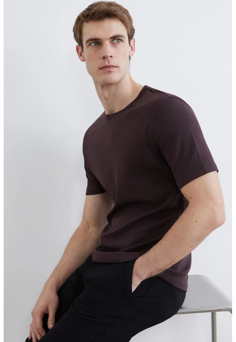 Tricou uni din bumbac cu decolteu rotund, Violet aubergine