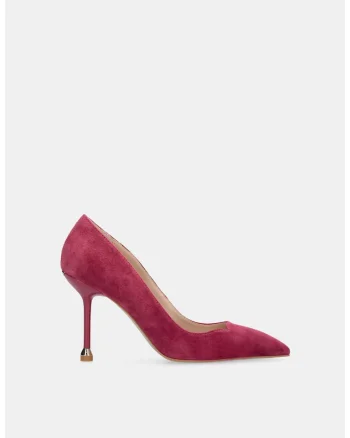 Pantofi din piele intoarsa cu varf ascutit si toc stiletto, Roz
