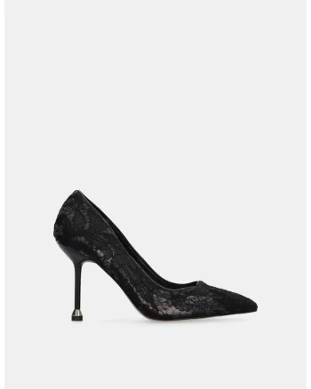 Pantofi din dantela cu varf ascutit si toc stiletto, Negru