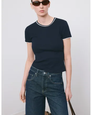 Tricou striat cu decolteu la baza gatului, Alb/Albastru ultramarin