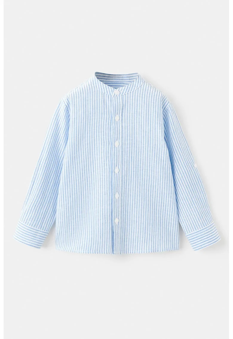 Camasa din amestec de in cu model in dungi si decolteu henley, Alb/Albastru deschis